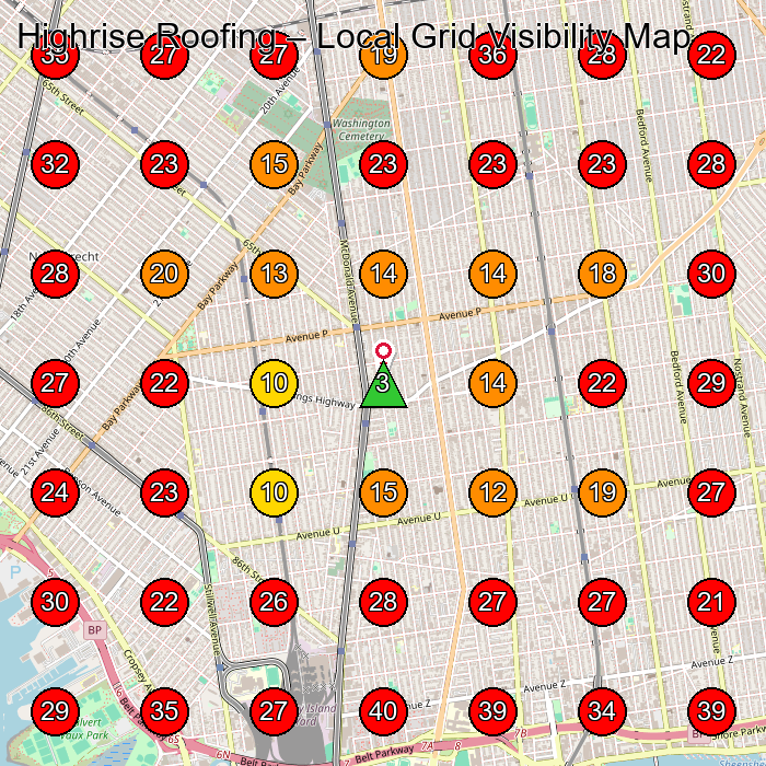 Highrise Roofing GeoGrid visibility map for Roofing Contractor in Brooklyn